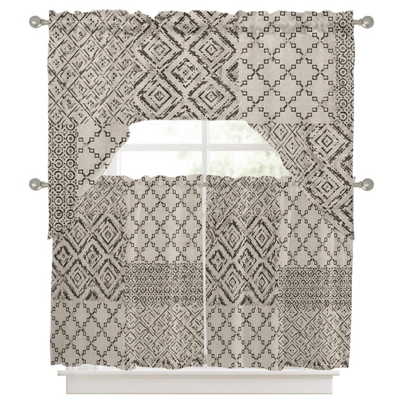 Bohemian Patchwork 3 Piece Swag Kitchen Curtains Set, Vintage Gray Beige Linen Distressed Texture Valance and Tier Curtains 24 in Long, 56" x 36" Window Topper for Cafe Bathroom Bedroom