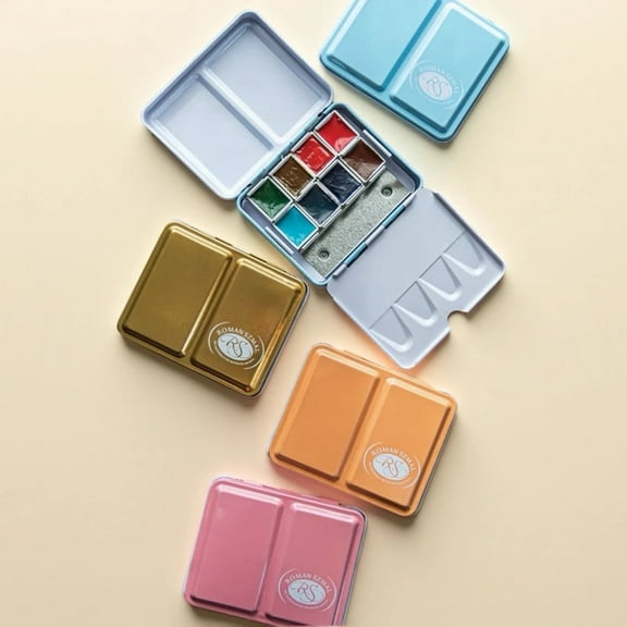 Roman Szmal Artists Watercolors Set 8 Half Pans Mini Metal Blue Box ,Portable Watercolor Paints for Adults & Artist