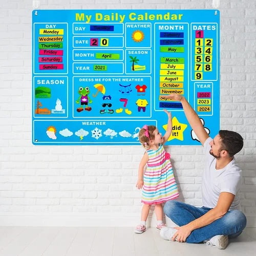 My First Daily Calendar Felt-Board for Kids 3.5Ft 70Pcs All About Today  Funky Frog Weather Season Chart Days of The Week Circle Time Bulletin Board  Preschool Early Learning Play Kit for Wall -