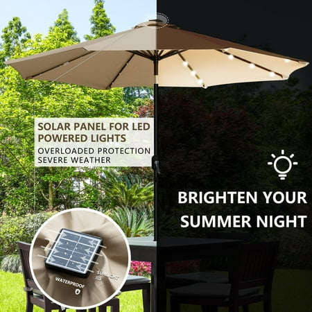 Sun Ray - 9' Round Solar Lighted Umbrella - Taupe