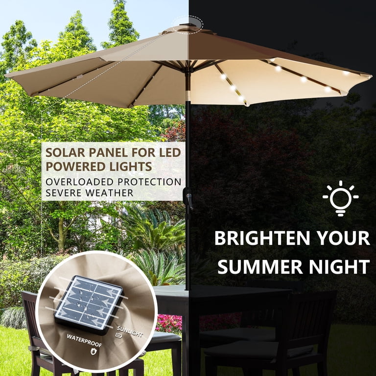 https www.groupon.com deals gs-9-solar-powered-led-lighted-patio-umbrella 9 Ft. Solar Patio Umbrella Patio Umbrella Solar LED Lights Steel Tilt with Crank This is our 9FT LED Solar Umbrella sun tent rain shelter and more all in one the parasol gives you instant portable protection from the elements regardless of your activity Sun-Ray 9-ft Steel Beige Market
