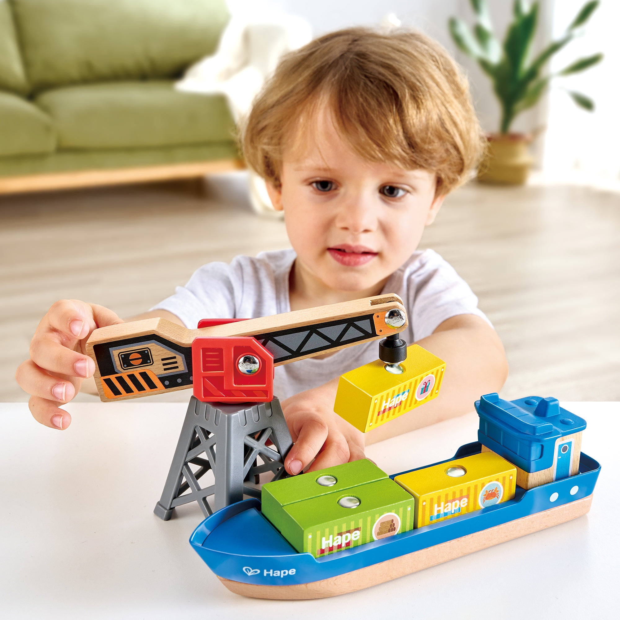 Hape: Cargo Ship & Crane - 6 pc Train Playset, Functional Crane, Wooden Toy, Magnetic Linking, Cargo Accessories, Push & Pull, Kids Ages 3+