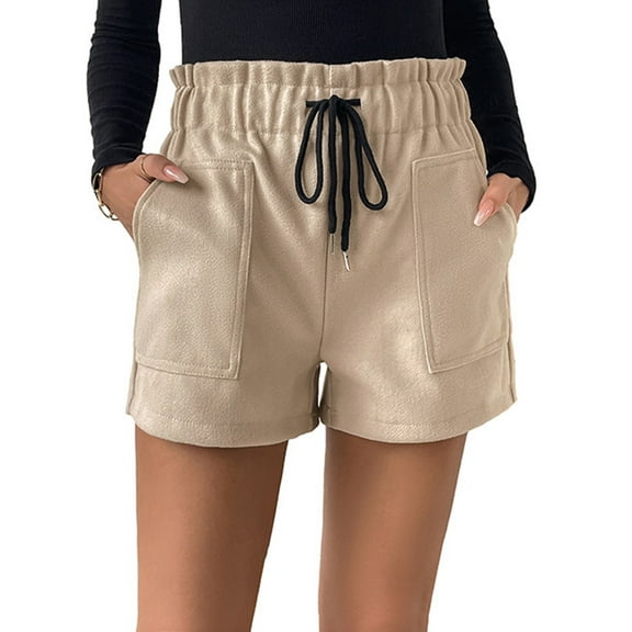 CheerKidz Women's Comfortable Short Pants Fashion Hight Waist Wide Leg Shorts Solid Color Casual Elastic Waist Woolen Shorts with Pockets(Beige,L)