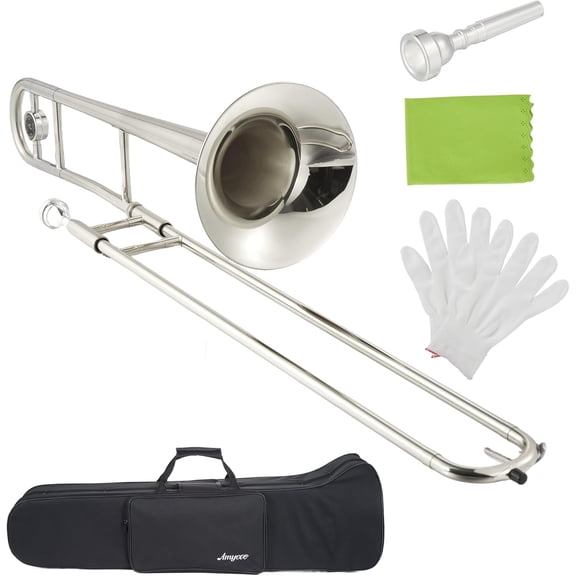 B-Flat Alto Trombone, Nickel-Plated Brass with Mouthpiece, Case, Cleaning Cloth, Gloves & Cleaning Rod, Professional Trombone for Beginners and Musicians