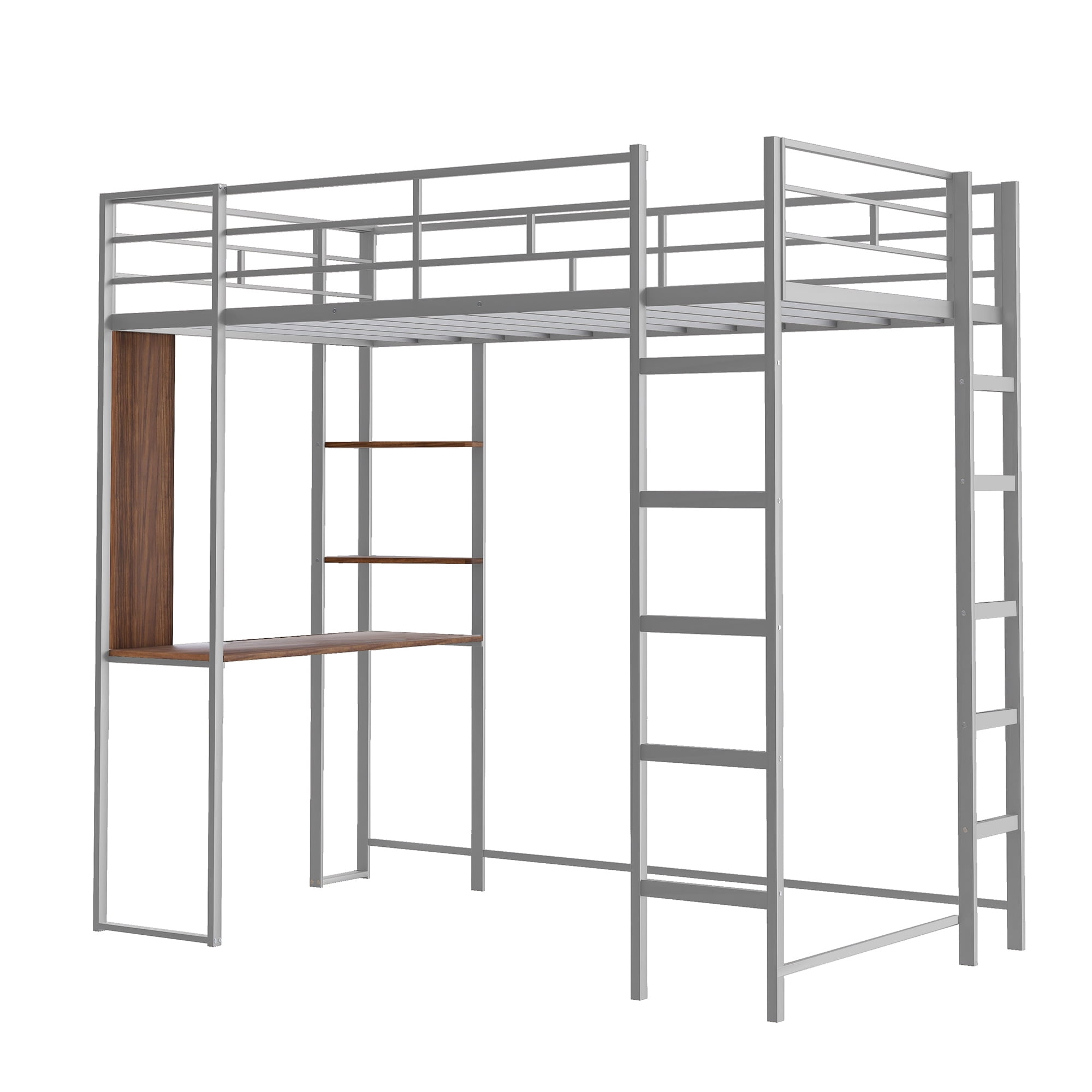 Aukfa Metal Twin Loft Bed with Desk and Shelves for Kids, Teens, Dorm, Double Ladder - Silver