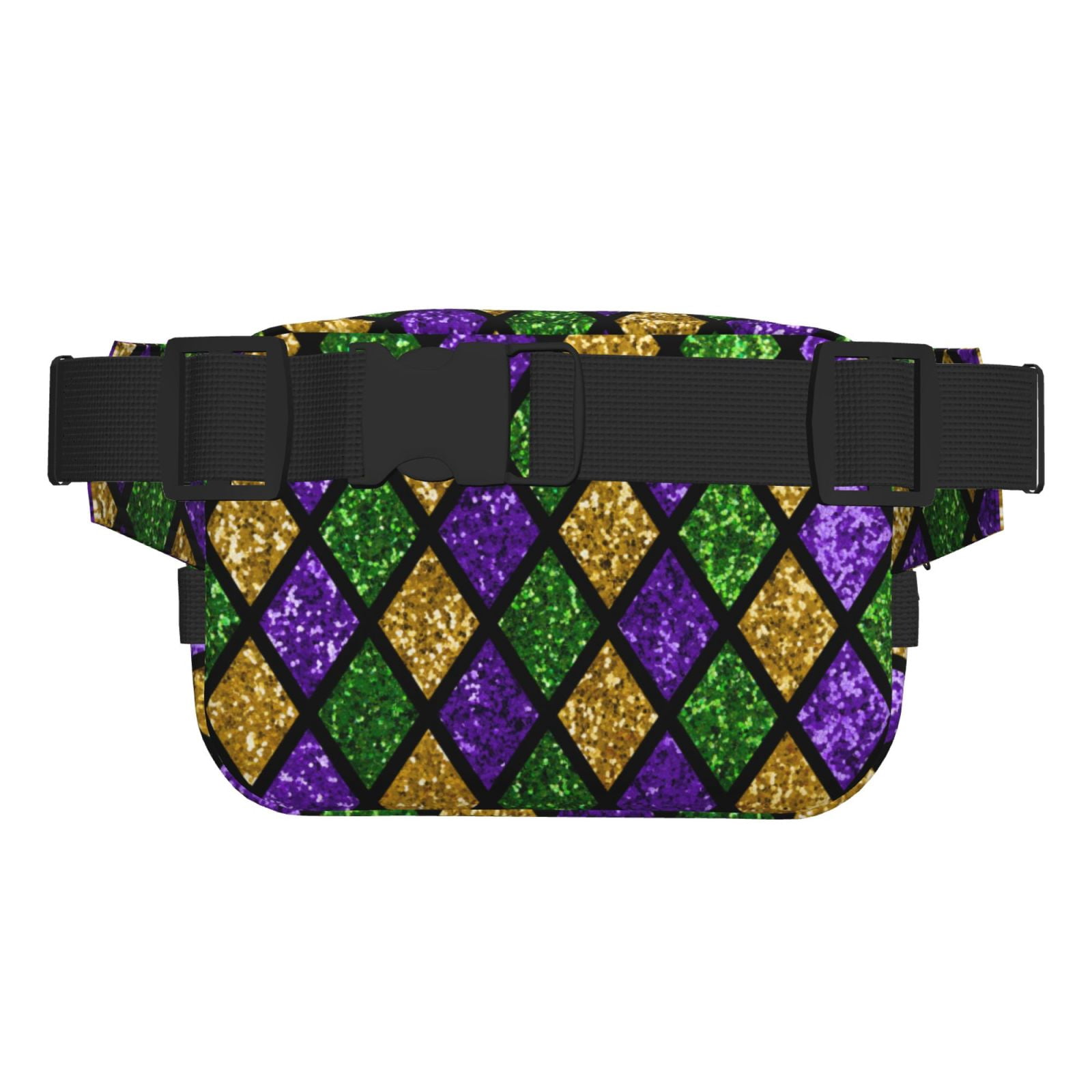 Fuzoiu Mardi Gras Shiny Green Purple Print Unisex Square Double Layer Waist Bag,Crossbody Fanny Pack Travel Workout Accessory