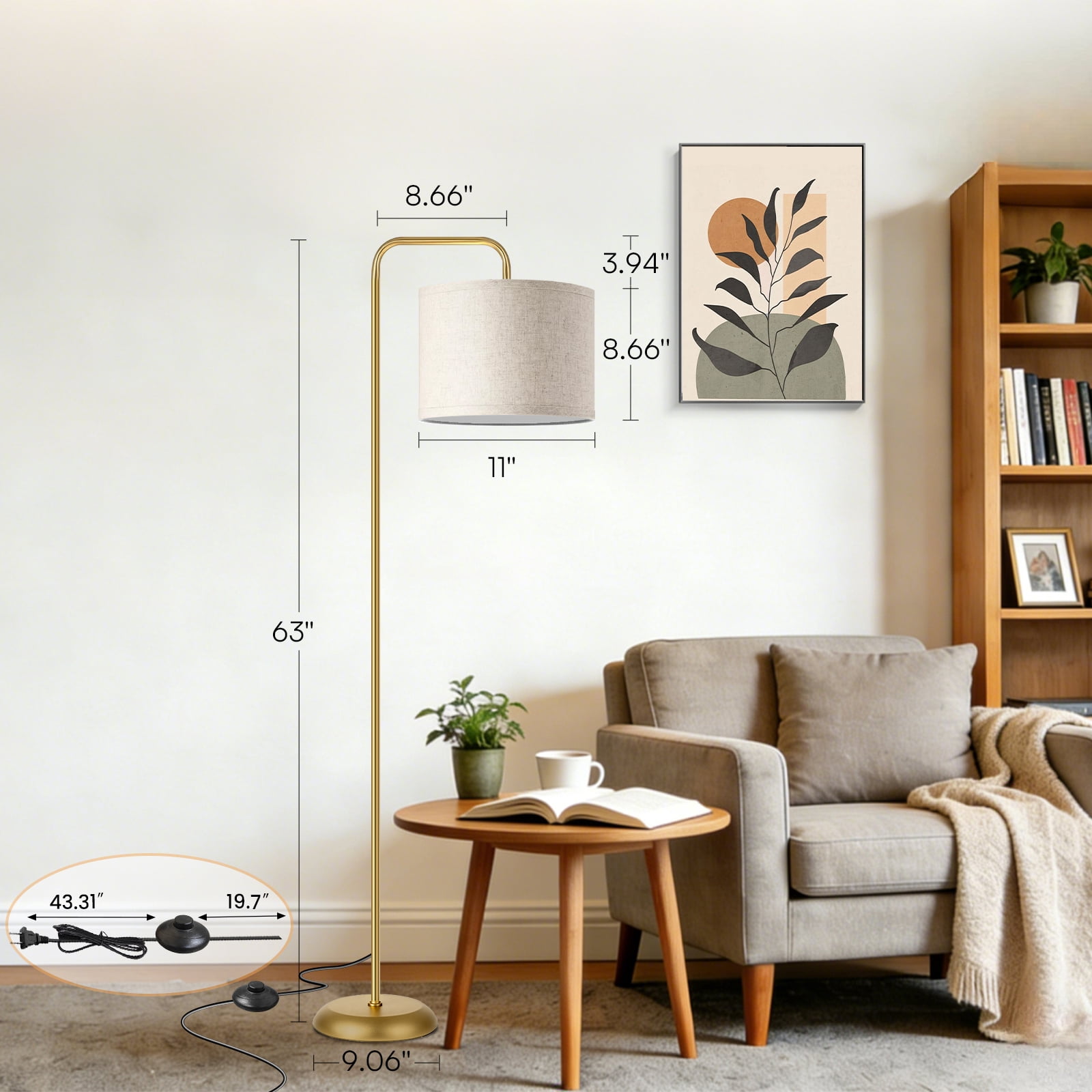 DAYBETTER Floor Lamp for Living Room, Tall Standing Lamp with 3 Color Temperatures, 850 Lumens LED Bulb, Foot Switch, Modern Metal Pole with White Shade for Bedroom, Office (Golden)