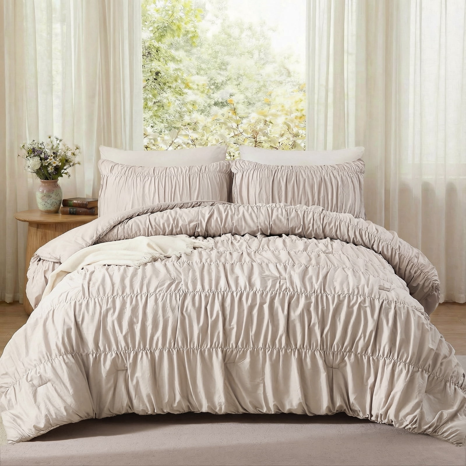 100% Cotton Wrinkle King Duvet Cover Set,Ruched Bedding Comforter Cover,Shabby Chic Ruffled 3 Pcs Queen Duvet Cover Set,Bohemian Boho Bedding Set 1 Duvet  Cover 2 Pillowcases