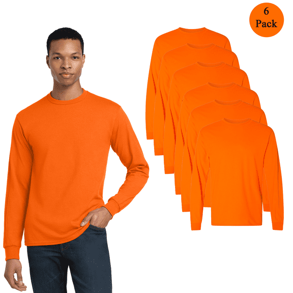 Gildan DryBlend 50/50 Long Sleeve T-Shirt, Men's High-Visibility Safety Orange Workwear, 6-Pack, S