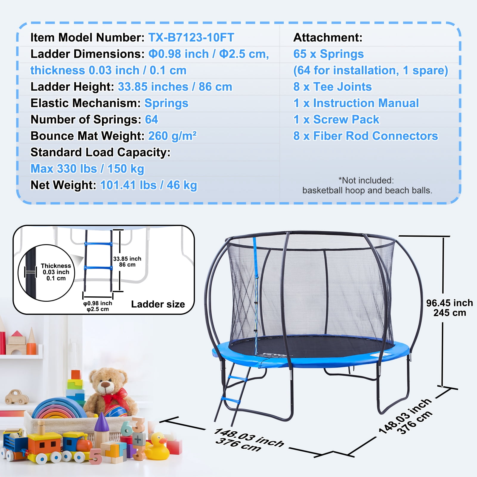 KFFKFF 10FT Outdoor Recreational Trampoline Hoop for Kids with safety Enclosure Net