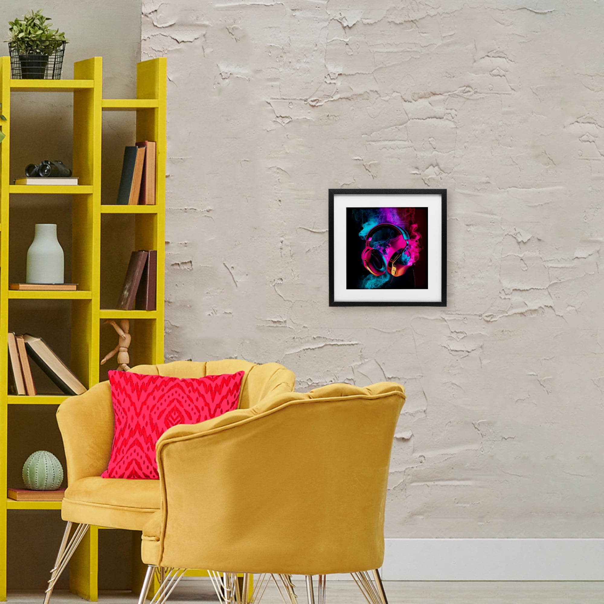 Power Play Pink & Blue Headphones Black Framed Print Under Glass, design by Sasha
