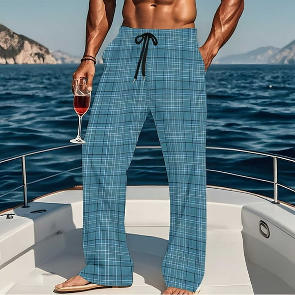 Pantalones de pijama largos para hombre, informales, con estampado a cuadros, holgados, deportivos, elásticos, rectos, vintage, con bolsillos