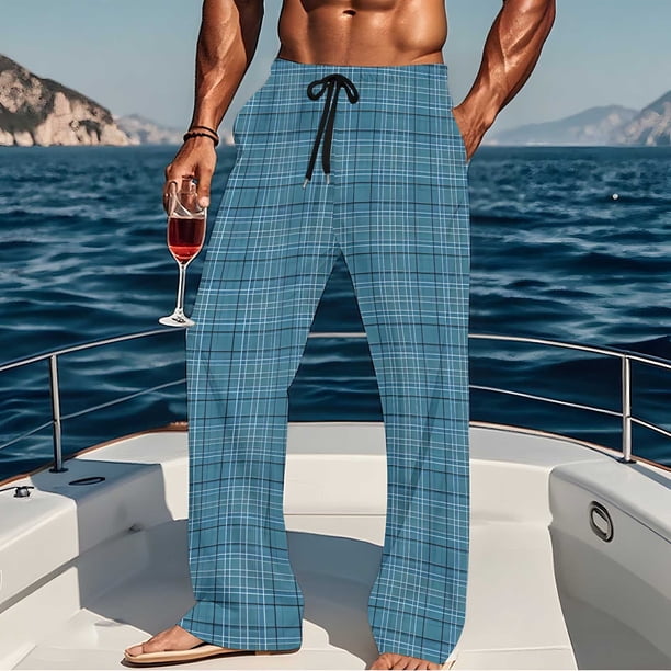 Pantalones de pijama largos para hombre, informales, con estampado a cuadros, holgados, deportivos, elásticos, rectos, vintage, con bolsillos