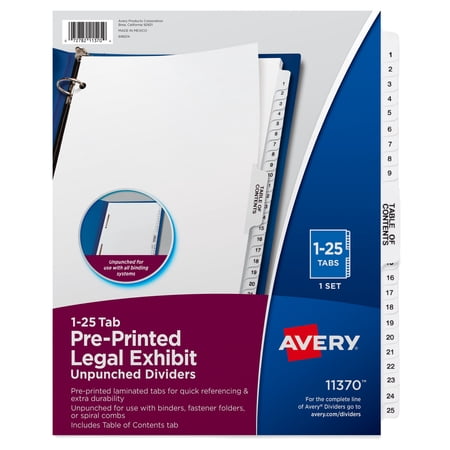 Avery® 20% Recycled Avery-Style Premium Collated Legal Index Exhibit Dividers, Side-Tab, 1-25, 8 1/2" x 11"