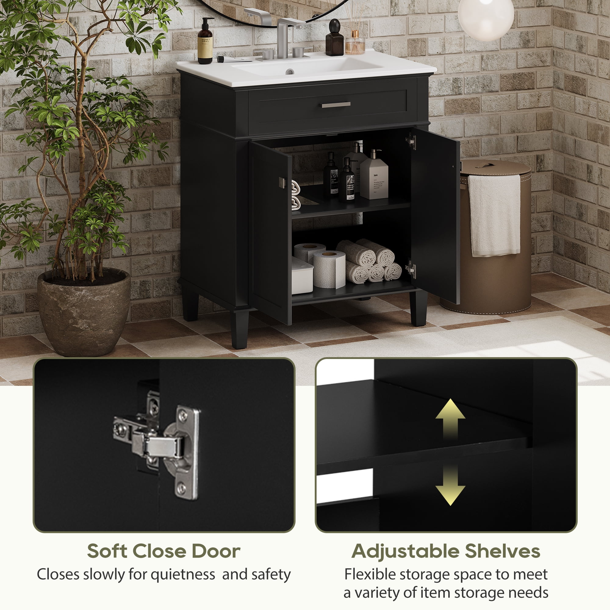 Euroco 30-inch bathroom vanity with ceramic basin, soft close door and adjustable shelves