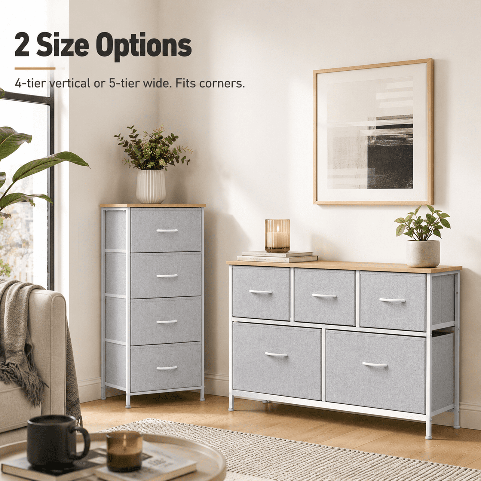 Alvantor Dresser for Bedroom with 4/5 Storage Drawers, Dressers Chest of Drawers Fabric Dresser with Sturdy Steel Frame, Wooden Top Cabinet Night Stand Dresser for Closet