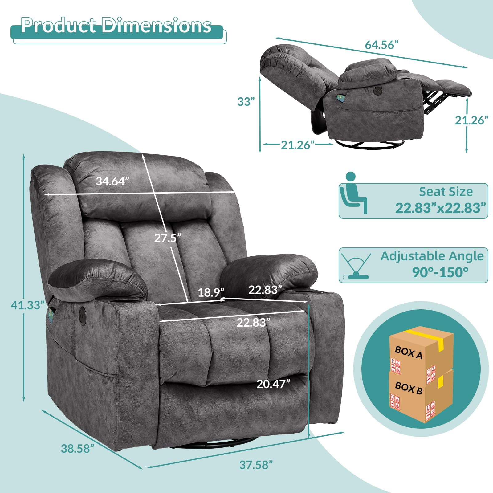 MEETWARM Massage Swivel Rocker Recliner with Heat and Vibration, Manual Glider Rocking Recliner Chair, 360°Swivel Lounge Reclining Chair with USB Ports/Cup Holder/Remote Control(Plush-Gray)