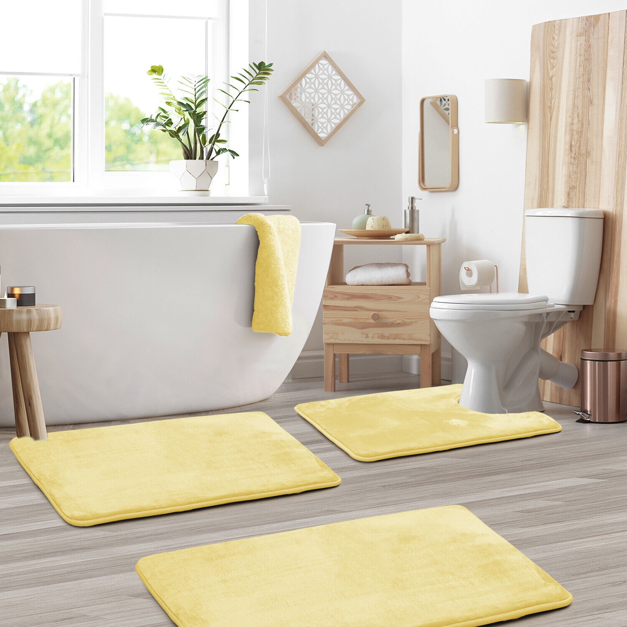 Custard Yellow Microfiber Memory Foam 3-Piece Bath Rug Set