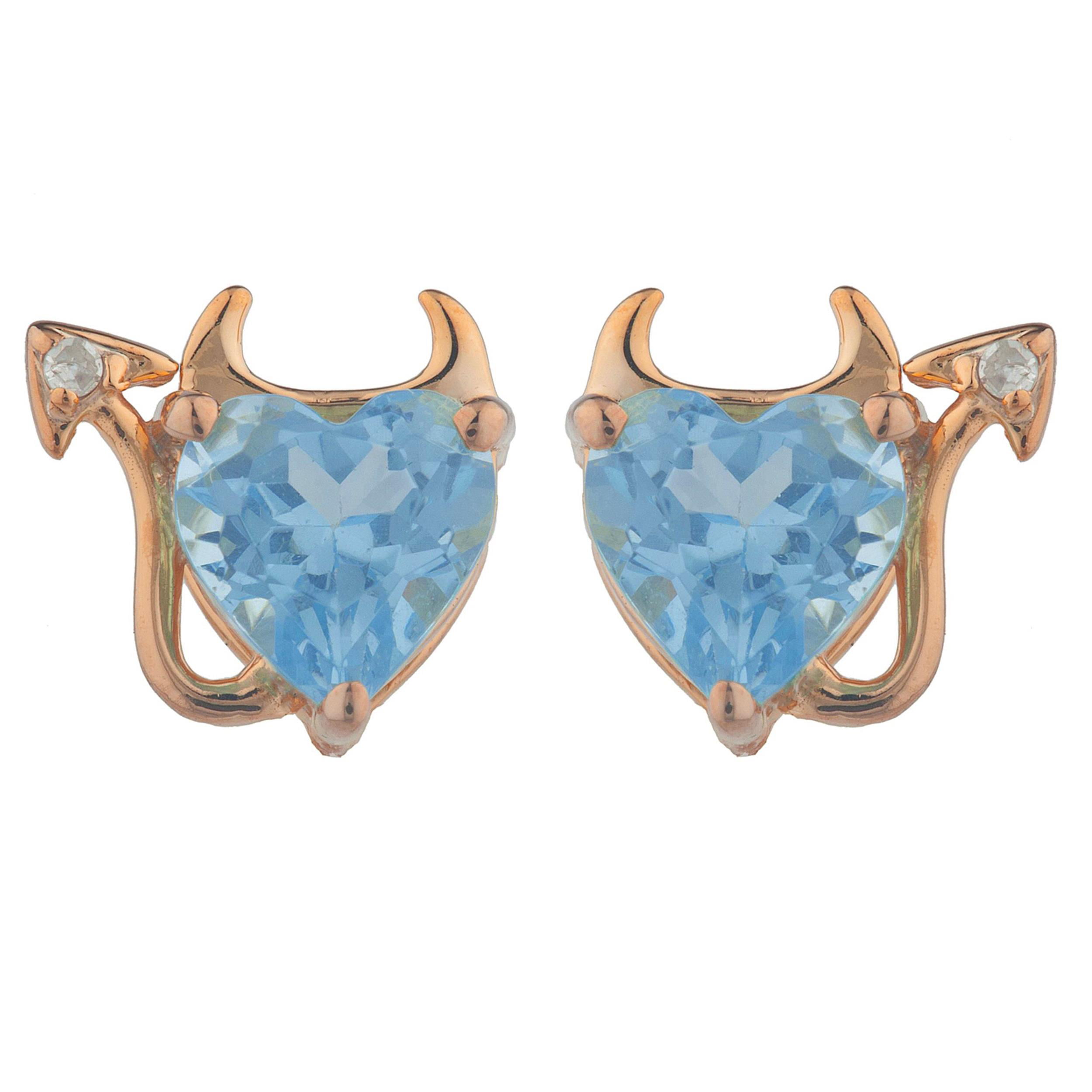 Simulated London Blue Topaz & Diamond Devil Heart Stud Earrings 14Kt Rose Gold Plated Over .925 Sterling Silver 