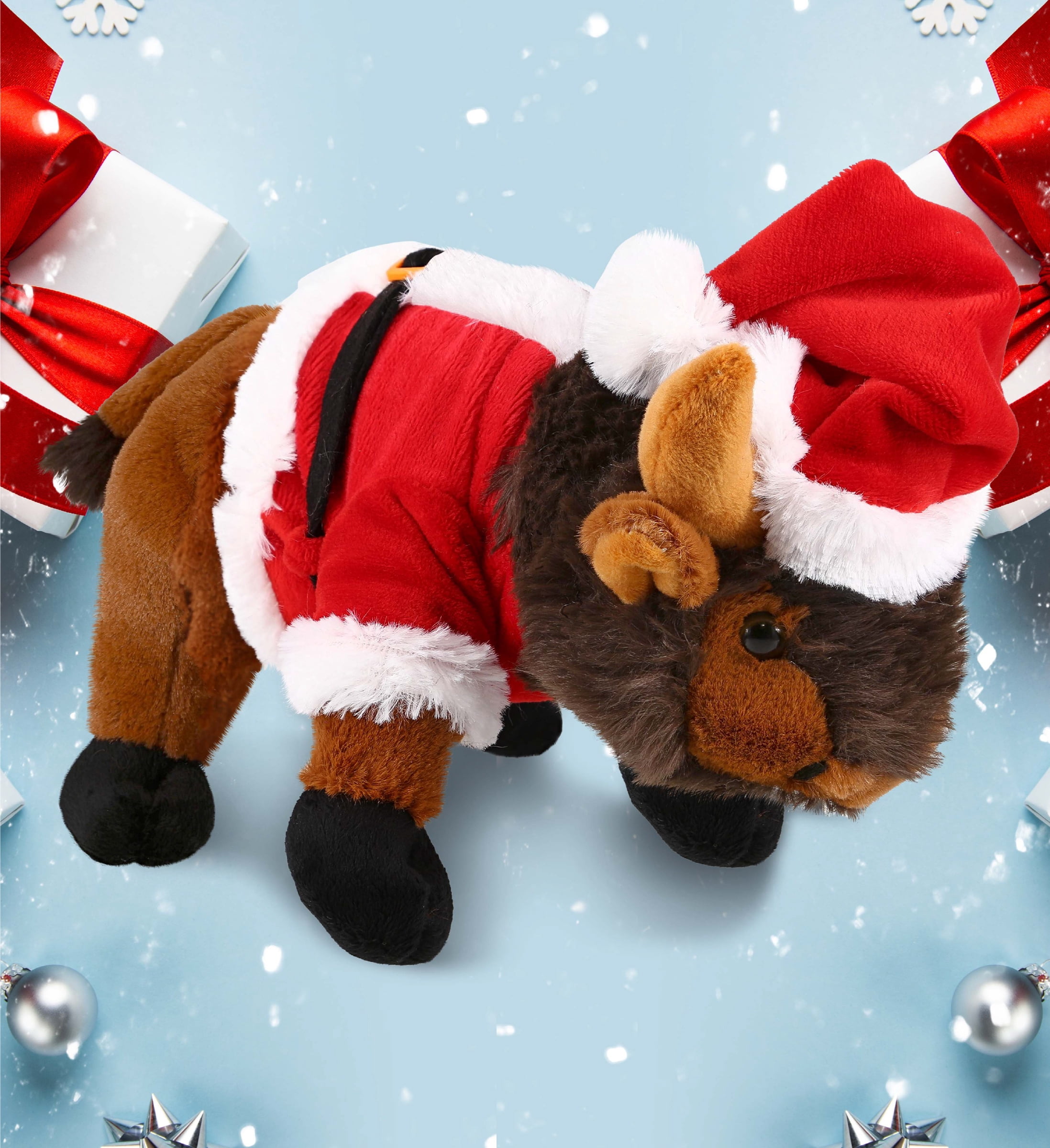 DolliBu Santa Wild Buffalo Stuffed Animal Plush Toy - Super Soft Wild Animal Dress Up with Red Santa Claus Outfit, Wildlife Holiday Christmas Gift - 9.5 Inches