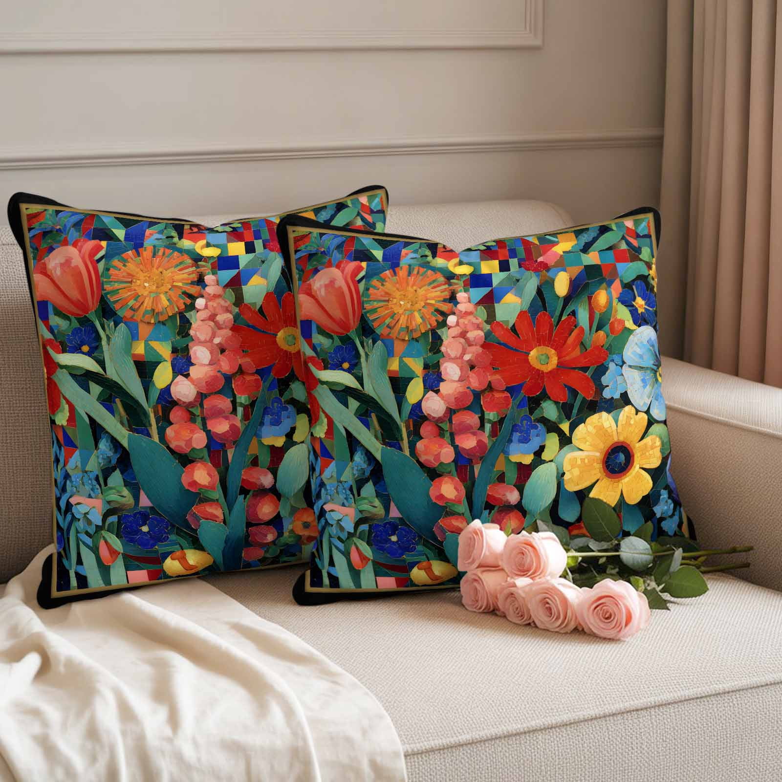 Spring Wildflowers Waterproof Outdoor Throw Pillow Covers 26"x26" Pack 2, Pillow Cases Throw Cushion Cover with Zipper, Modern Abstract Art Daisy Floral Leaves Washable Pillowcase for Poolside Sofa