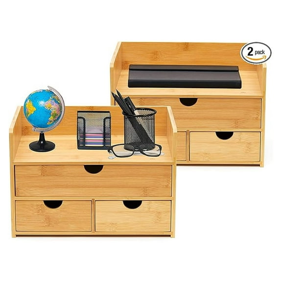 Bamboo Desktop Organizer, 3 Tier - Natural Wood Office Supplies Storage, Table Top Document Organizer for Home & Office, Pack of 2