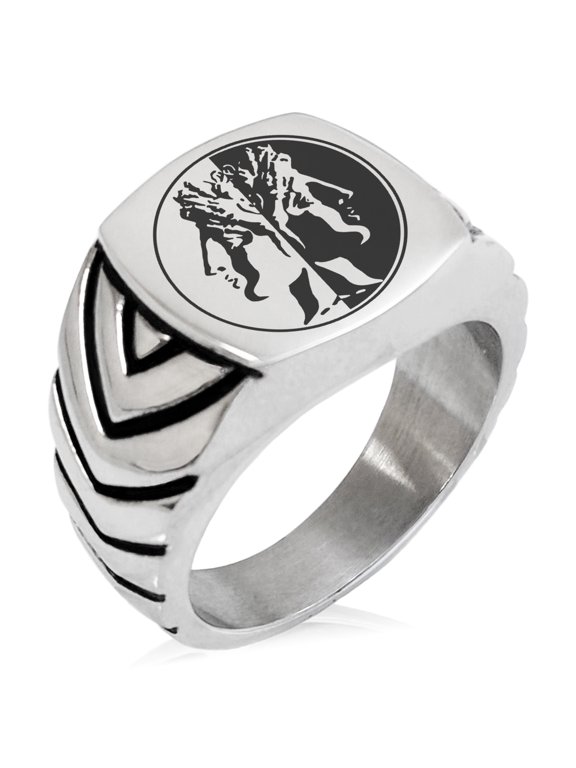 Stainless Steel Janus Greek God of Beginnings Chevron Pattern Biker Style Polished Ring