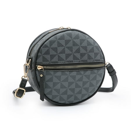 POPPY Women's Mini Circle Crossbody Zipper Shoulder Bag Plaid Pattern Round Shape Purse