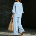 thumbnail image 5 of Womens Stripe Casual Two Piece Outfit V-Neck 3/4 Bell Sleeve Top Elastic Waist Wide Leg Pants with Pockets Loungewear Set Light Blue M(M), 5 of 7