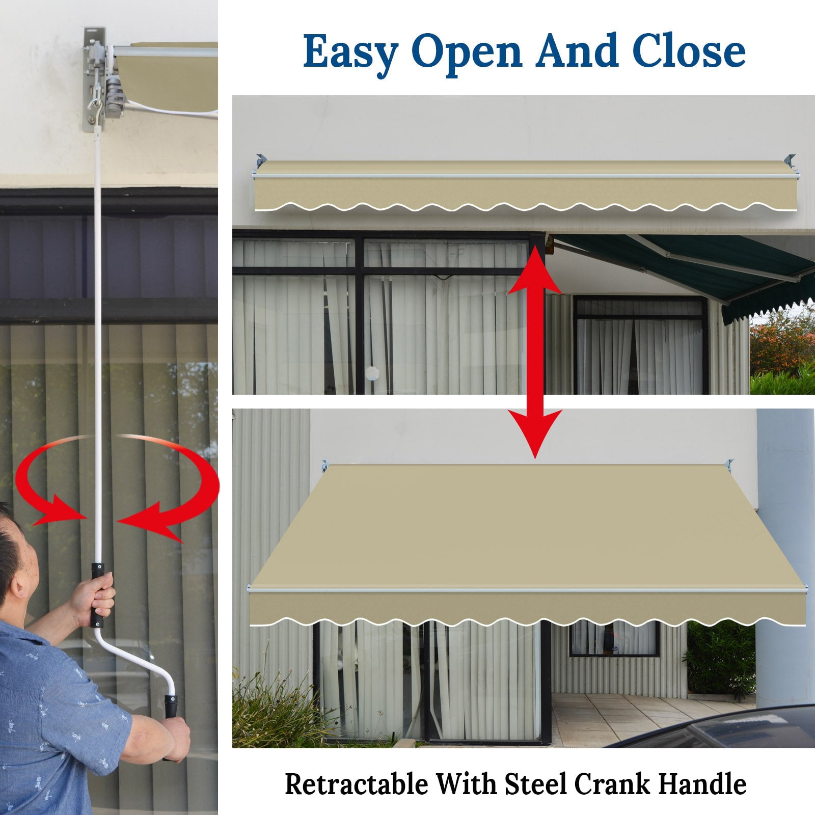 SUNNYOUTDOOR 10x8 FT Patio Awning Retractable Outdoor Sun Shade Manual Patio Deck Awning Heavy Duty Awning (Beige)