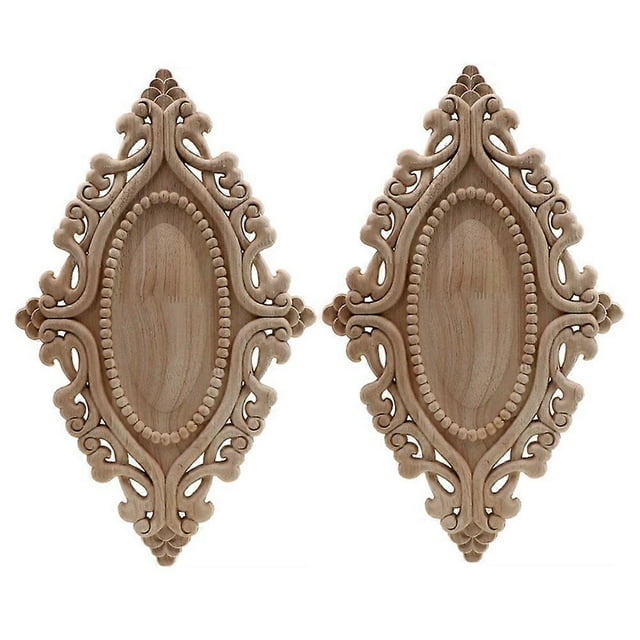 Unpainted European Clear Wood-Carved Applique Onlay Picture Frame Discs Decor Wooden for Wedding Door Home 25 x 15cm