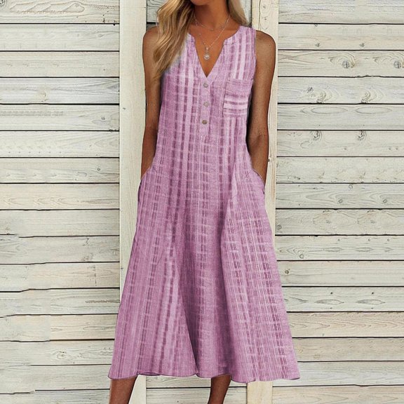 VKEKIEO Sundresses For Women Maxi V-Neck Sleeveless Striped Pink S