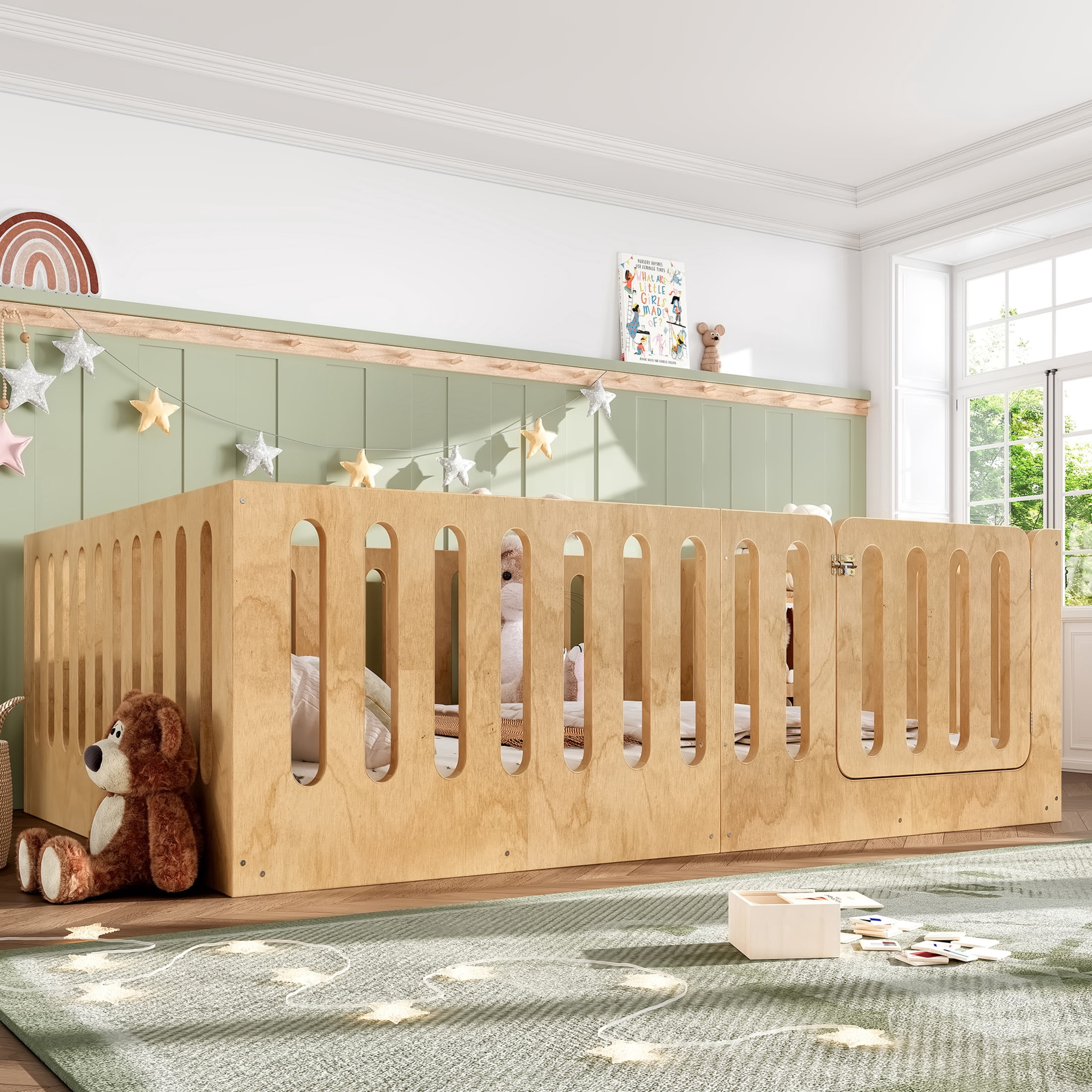 Noble House Queen Size Montessori Floor Bed with High Fence, Solid Wood Kids Bed Frame, Natural
