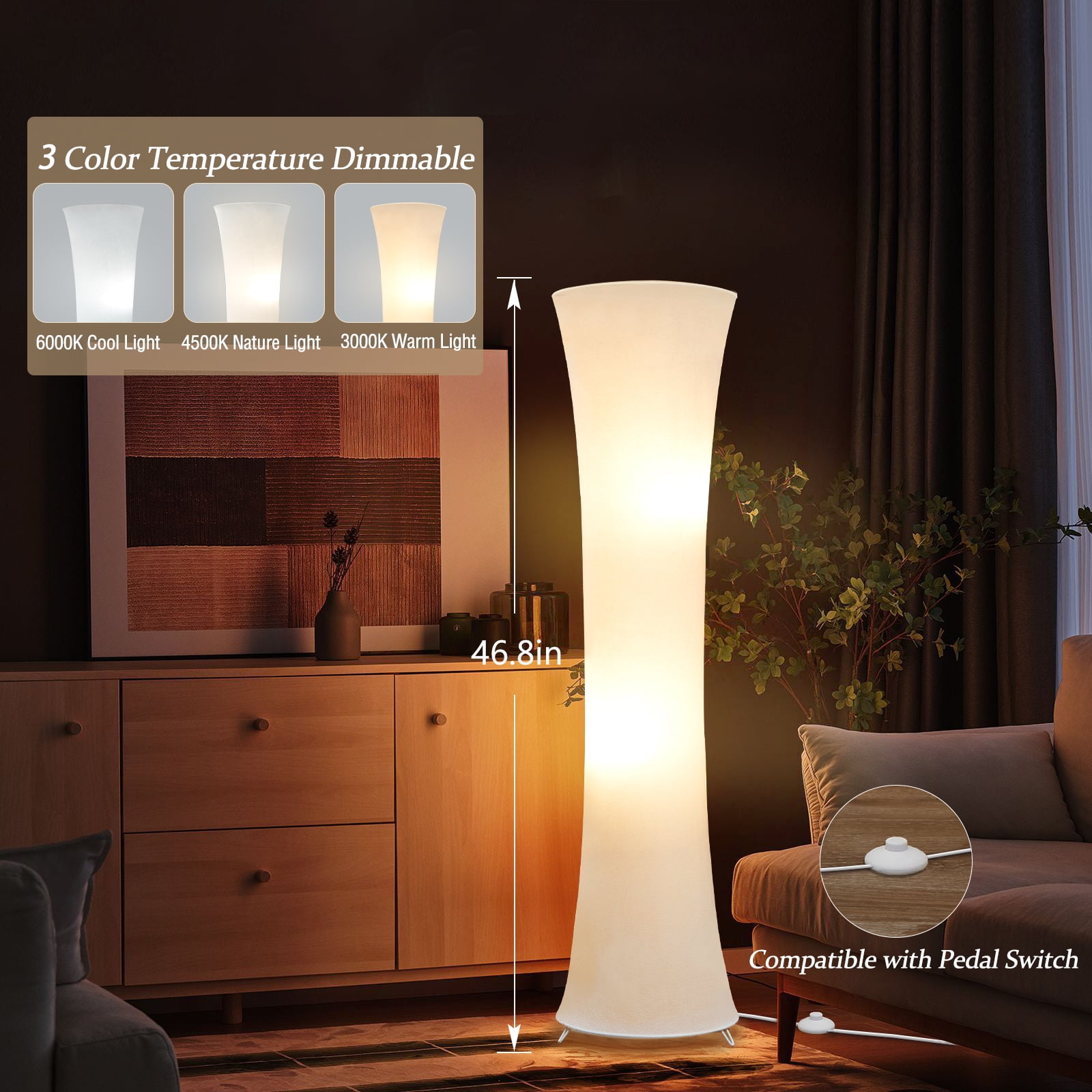 NATYSWAN 46“ Floor Lamp for Living Room, 3 Color Temperature Led Column Floor Lamp Standing Lamp Corner Floor Lamp for Bedroom, Office & Living Room, Bulbs Include
