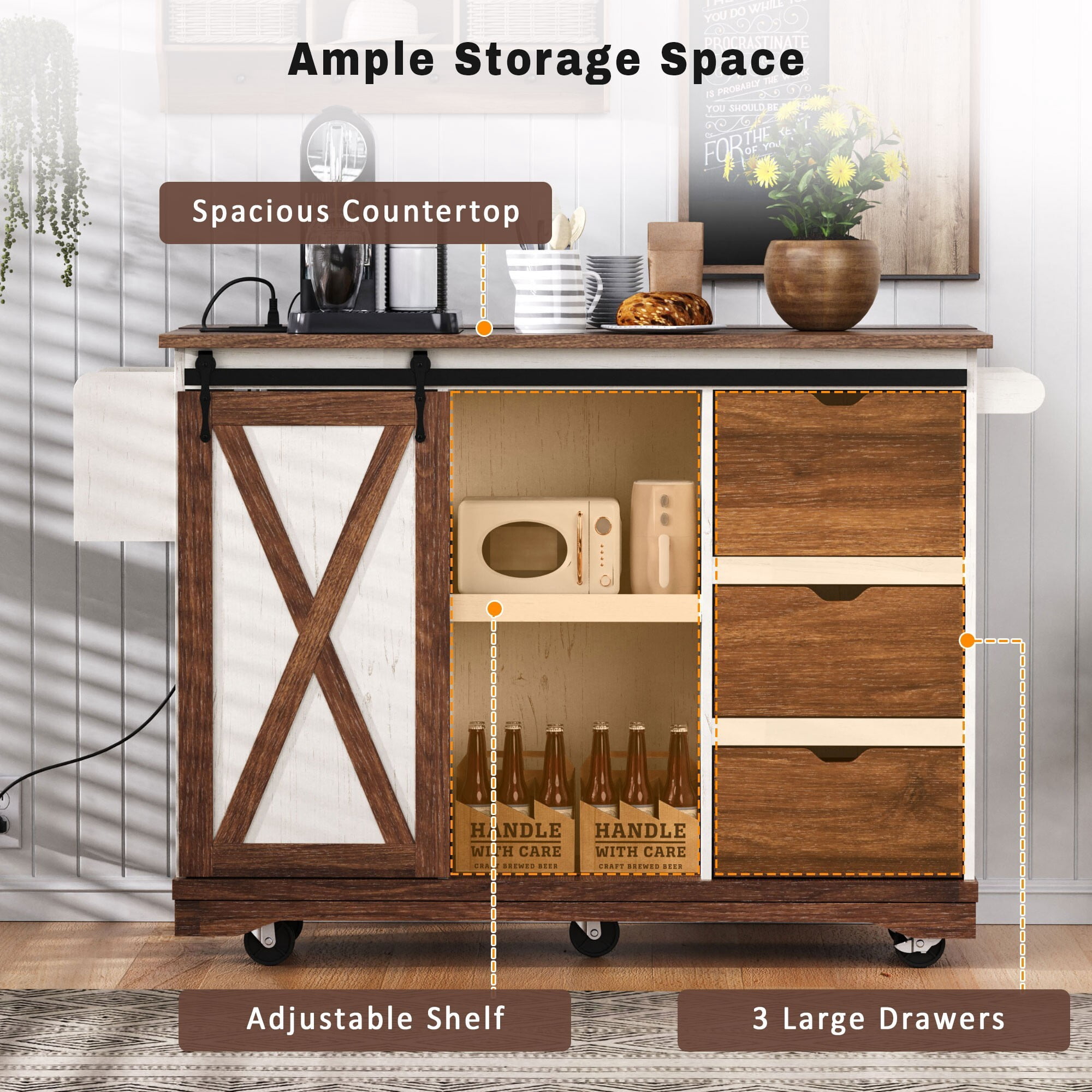 AENKYO 47.2'' Farmhouse Kitchen Island with Charging Station, Drop Leaf, Rolling Cart with Drawers, Rustic Brown and White