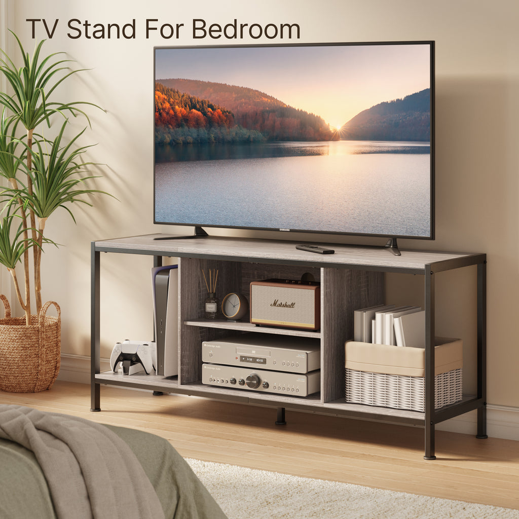 Aiho Mid-Century Wooden TV Stand for TVs up to 65" with Open Storage Shelves and Metal Frame - Gray