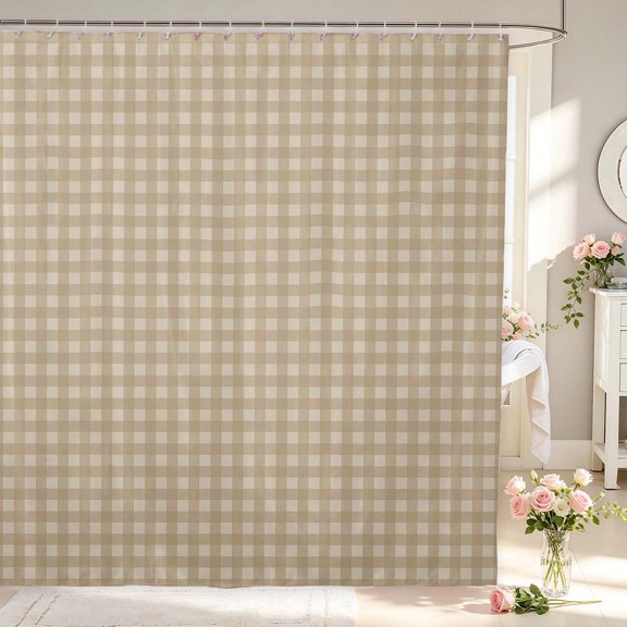 Manfei Retro Grid Shower Curtain 72Wx72L,Classic Plaid Bathroom Curtain,White Beige