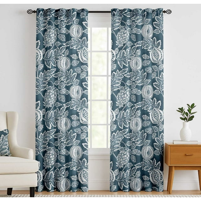 Vargottam 84 Inch Rod Pocket/Back Tab Cotton Curtains for Windows and Doors - Light Filtering Cotton - Light Filtering Drapes For Doors - Set of 2 Panels, 52"x84" - Fruits Pattern (Blue)