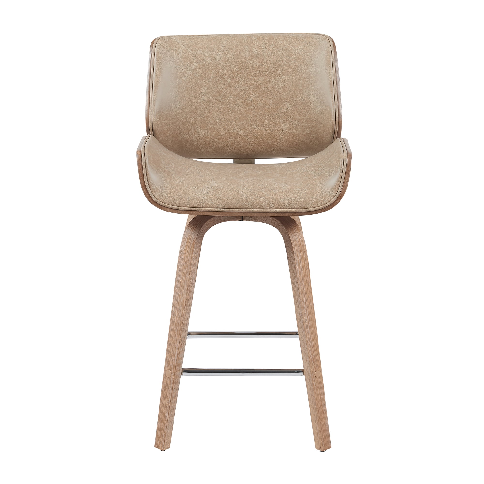 Tyler Modern Counter Height Swivel Bar Stool with White Wash Finished Wood and Vintage Brown Upholstery