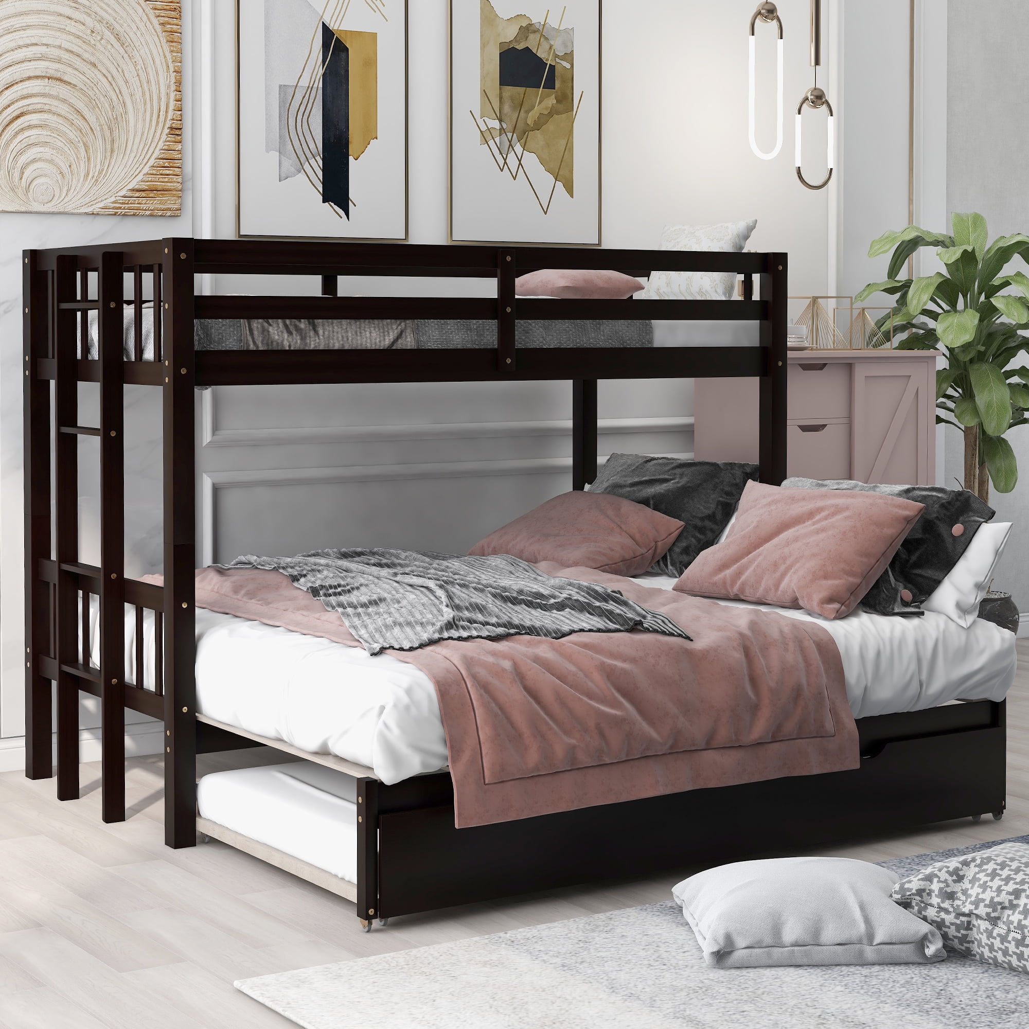 Bunk Bed with Trundle, Triple Bunk Bed, Kid's Convertible Twin Bed with