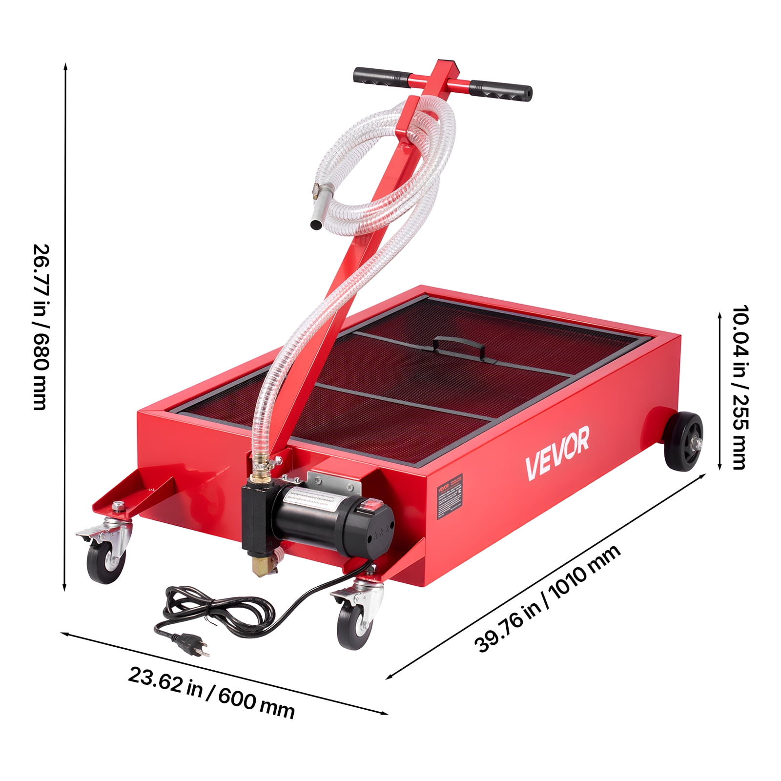 VEVOR Low Profile Oil Drain Pan, 17 Gallon Capacity, Rolling Oil Drain Pan with Electric Pump, 7.2 ft Hose & T Folding Handle, Leak-proof & Corrosion-resistant, Fit for Cars, SUVs, Trucks, ATVs, Red