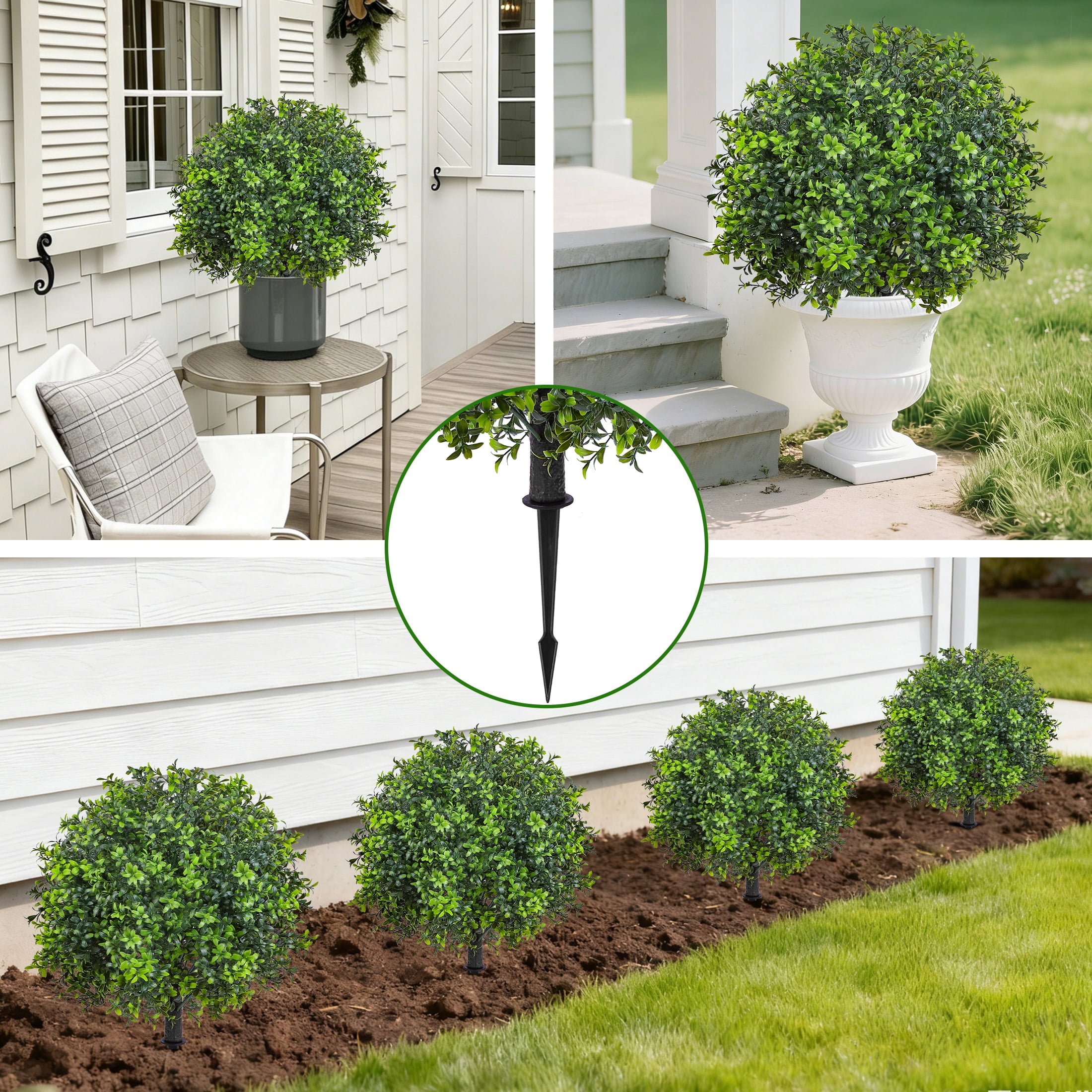 HKKDKTA 2 Pack Artificial Boxwood Topiary Ball Trees with Ground Spike,UV Resistant Faux Bushes Plants for Indoor Outdoor Garden Patio Decor