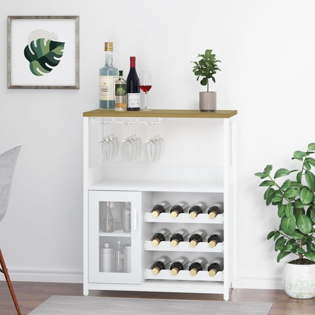 36" Bar Cabinet with Adjustable Shelves, Removable Wine Rack, Waterproof Panels, and Adjustable Feet