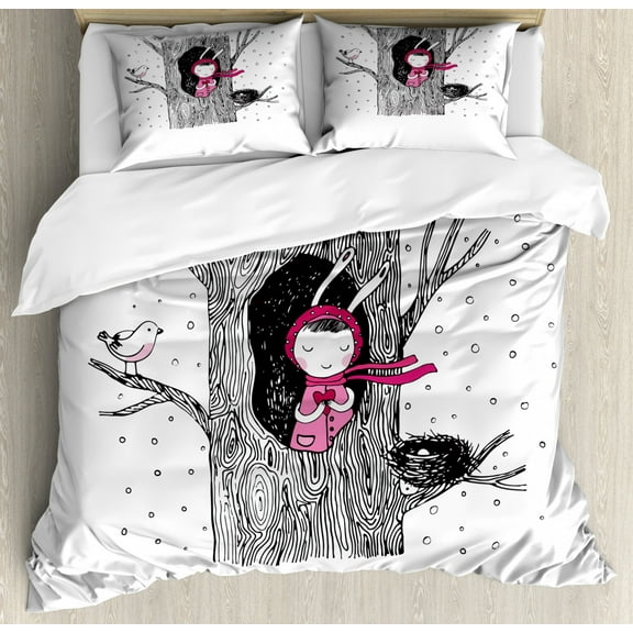 Tree Queen Size Duvet Cover Set, Little in the Tree Hollow Holding a Heart Bird and Nest in Winter Snowfall, Decorative 3 Piece Bedding Set with 2 Pillow Shams, Black White and Pink, by Ambesonne