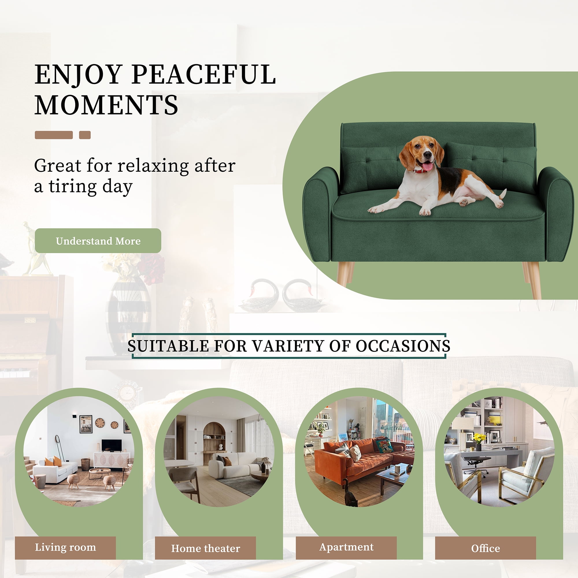 Sobaniilo 47" Small Modern Loveseat Sofa, Mid Century Linen Fabric 2-Seat Sofa Couch Tufted Love Seat with Back Cushions and Tapered Wood Legs for Living Room, Bedroom and Small Space (Green)