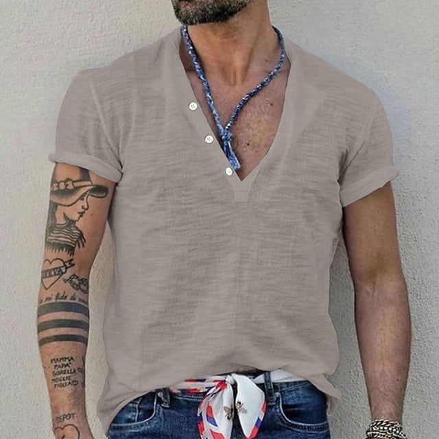 Shirts for Men, Mens Solid Color Fallow Button Round Neck Sports Short Sleeve Shirt