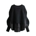 thumbnail image 3 of Oksale Asymmetrical Sweaters for Women Casual Crewneck Sweater Trendy Lantern Sleeve Knitwear Dressy Patchwork Jumper Cozy Soft Warm Tops Black Free Size, 3 of 3