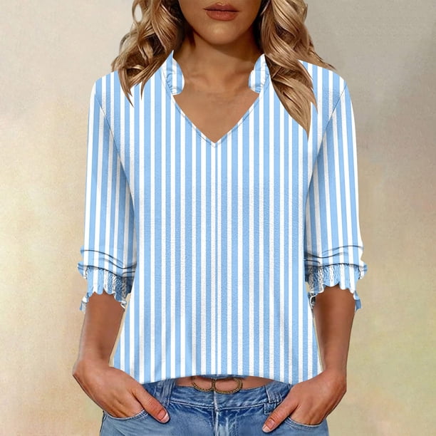 TaTaai Women‘s Fashion V Neck 3/4 Sleeve Blouse 2026 Summer Casual Print Tee Loose Fit Soft Daily Top Stretchy Polyester Tunic Spring Outfits Gift