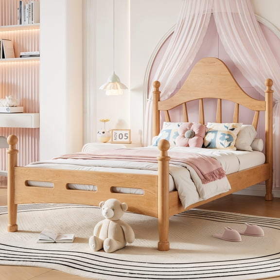 Mintazer Kids Twin Size Platform Bed with Vintage Chic Headboard, Solid Pine Bed Frame with Slatted Support for Boys Gilrs Bedroom, Natural