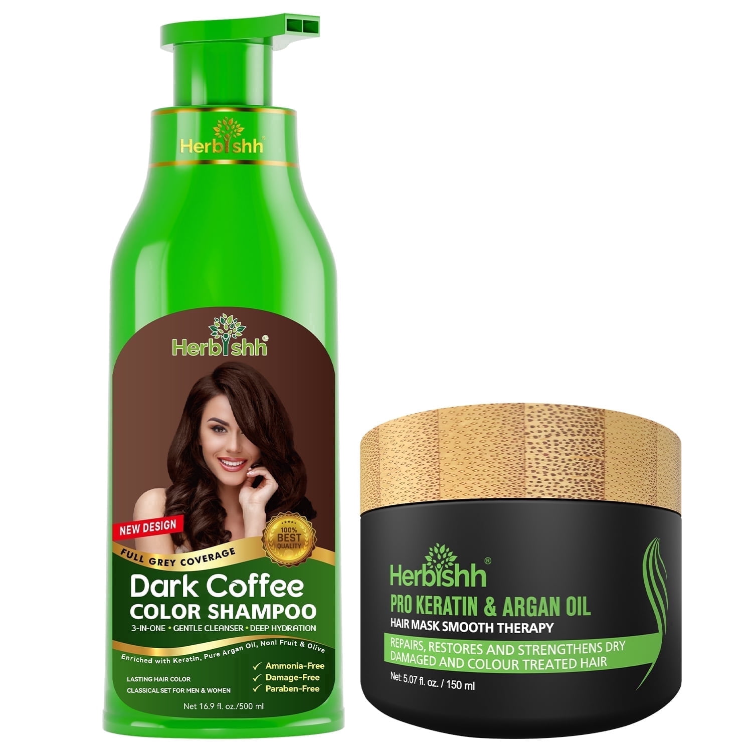 (6 pack) Herbishh Hair Color Shampoo for Grey Hair 500ml (Dark Coffee) + Argan Hair Mask | 3-in-1 Hair Dye Shampoo | Ammonia-Free | Covers Grey Hair for Men & Women